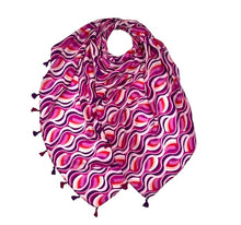 Load image into Gallery viewer, Retro Waves printed scarf with tassels
