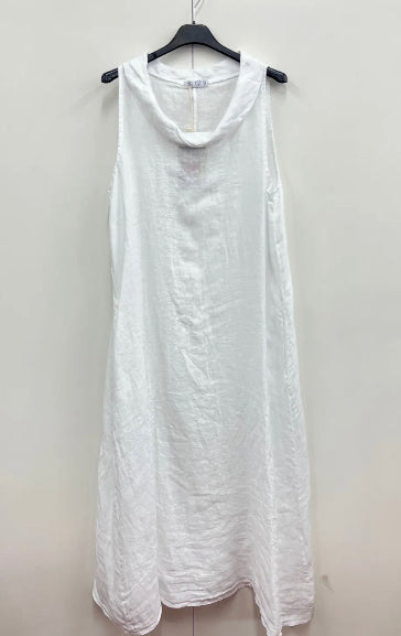 Cowl neck long length linen dress with pockets