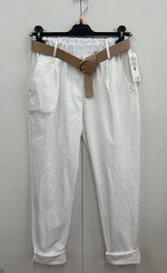 White cotton belted trousers