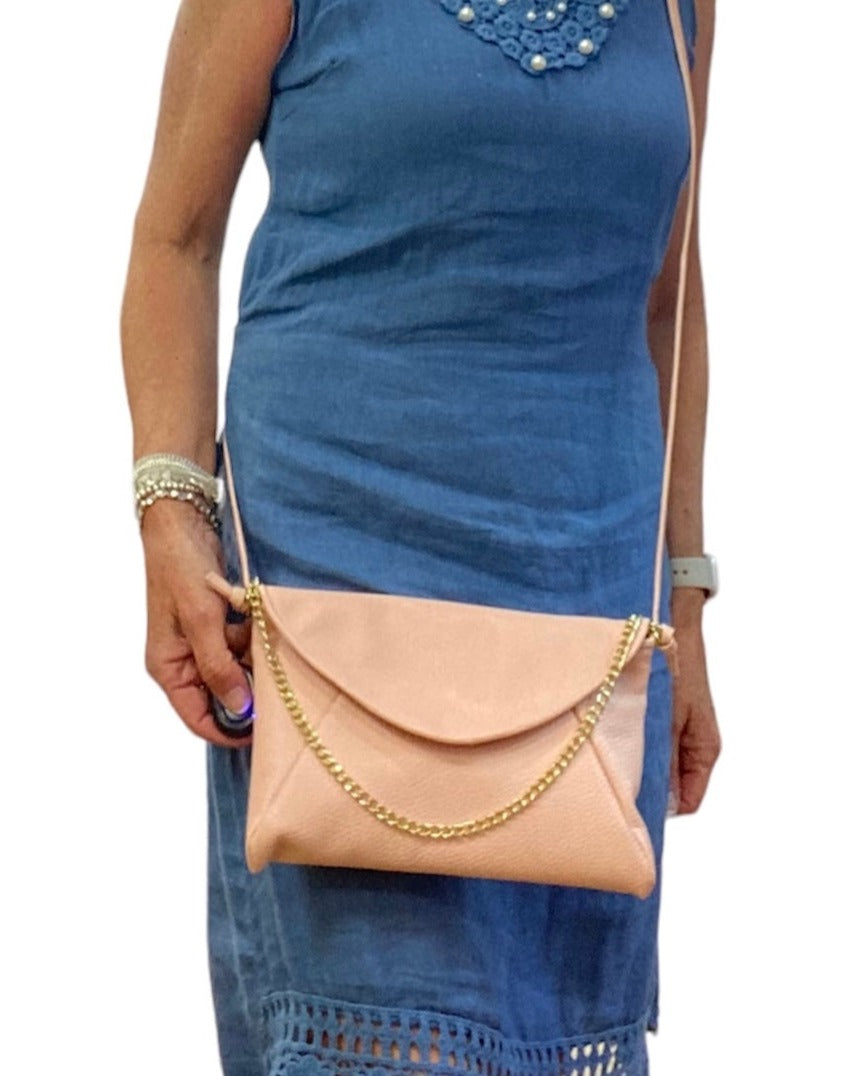 LOLA   Italian leather clutch bag with chain and leather strap