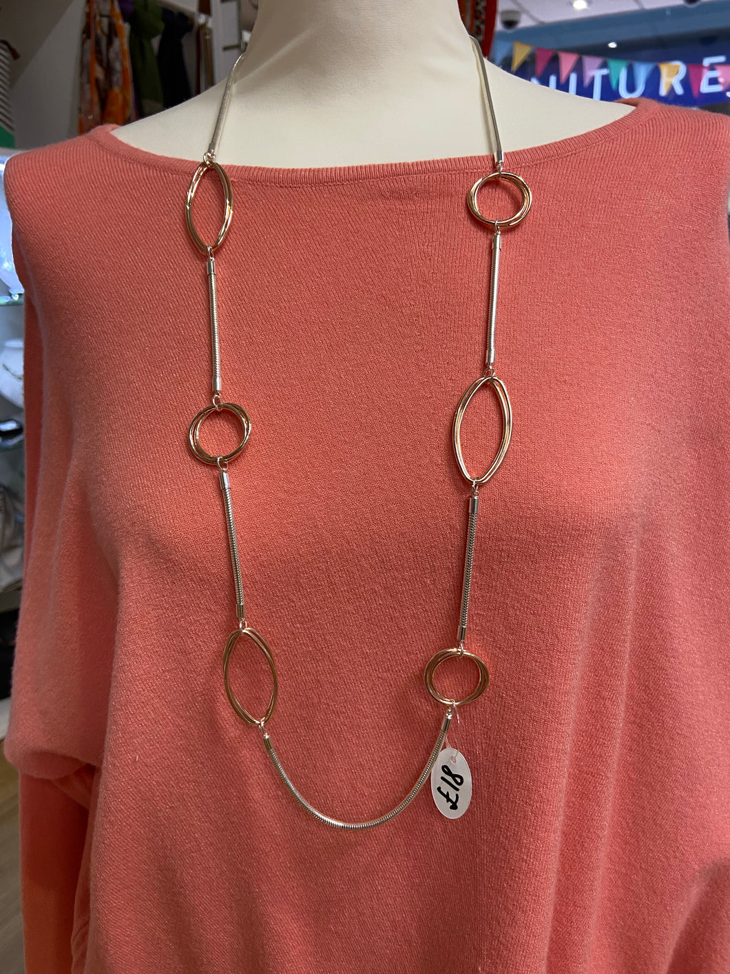 Long silver and rose gold plated necklace